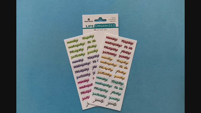 female hands display 2 sheets of planner stickers featuring colorful days of the week in text and script, on blue background with package.