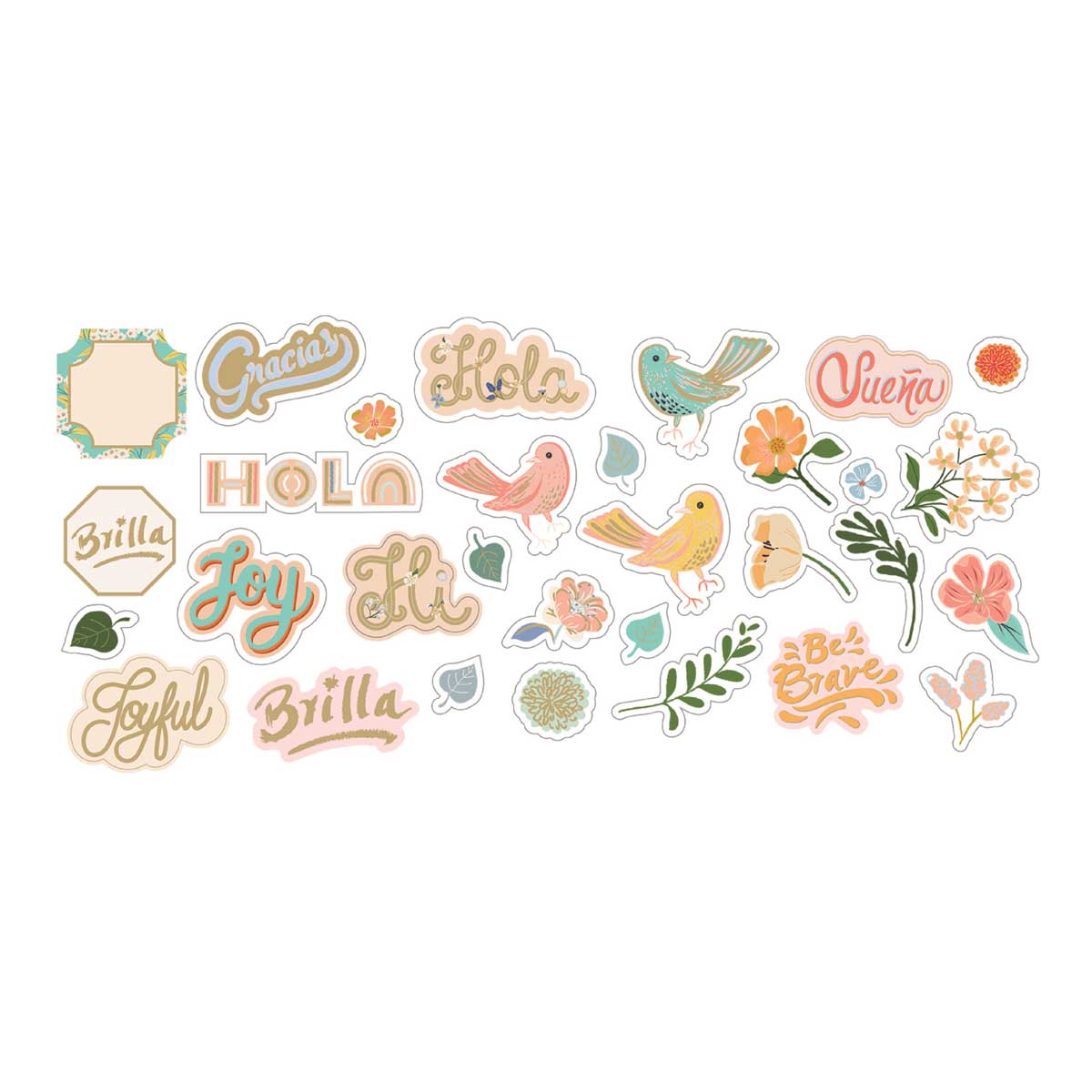 Scrapbook die cuts featuring an assortment of pastel colored, illustrated florals and spanish words of encouragement show on white background.