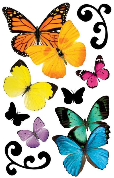 3D scrapbook stickers featuring colorful butterflies and black swirls
