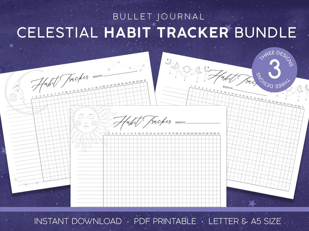 DHT-0001E - Printable Habit Trackers - Celestial - Three celestial-themed habit tracker printables with moon and sun illustrations on a starry purple background
