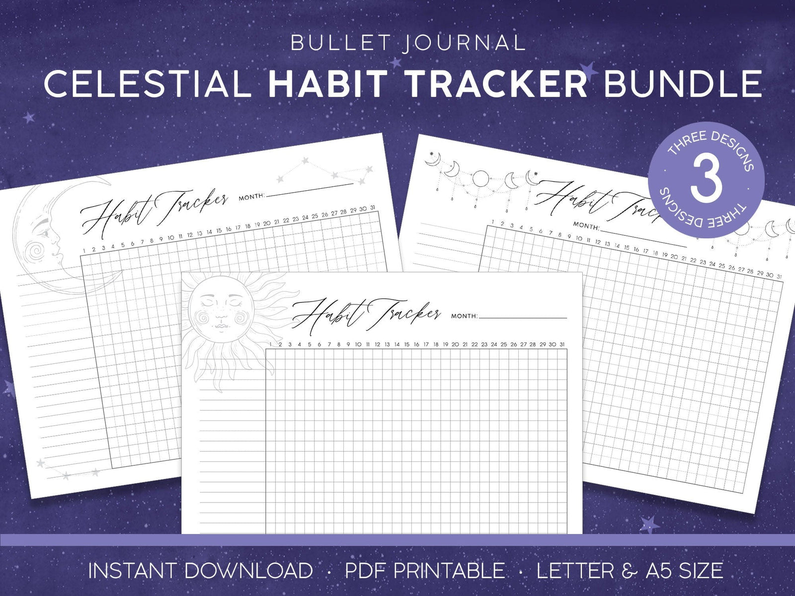 DHT-0001E - Printable Habit Trackers - Celestial - Three celestial-themed habit tracker printables with moon and sun illustrations on a starry purple background