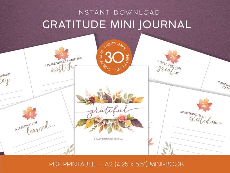 DHT-0002E - Gratitude Journal - Printable - Printable gratitude journal with autumn floral design, 30-day prompts, and warm fall colors in A2 mini-book format