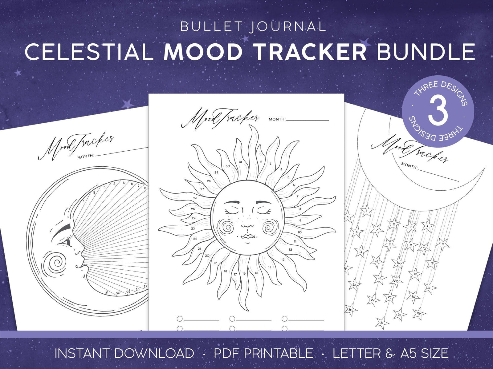 DMT-0001E - Printable Mood Trackers - Celestial - Three celestial-themed mood tracker designs featuring a moon face, sun face, and stars on a purple starry background