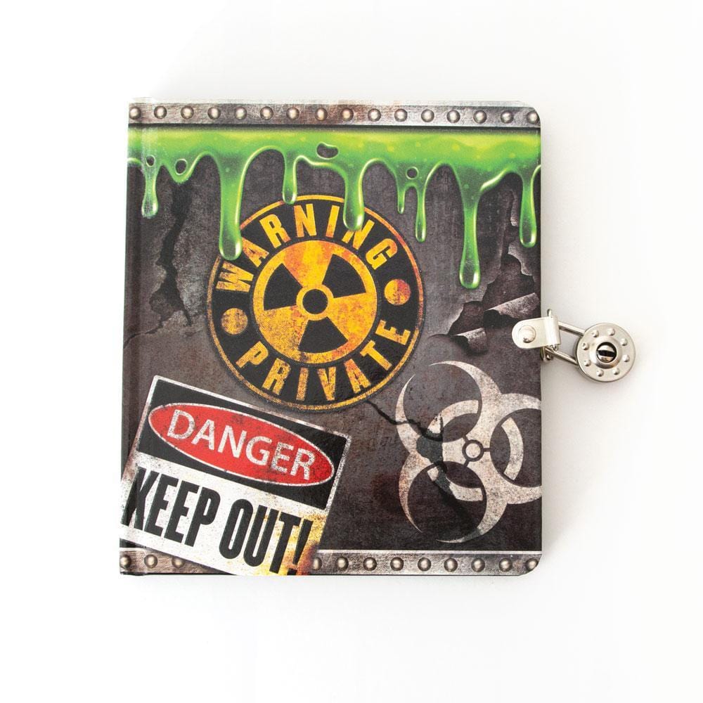 Radioactive Glow in the Dark locking diary image featuring warning and danger words illustrated with green dripping liquid.