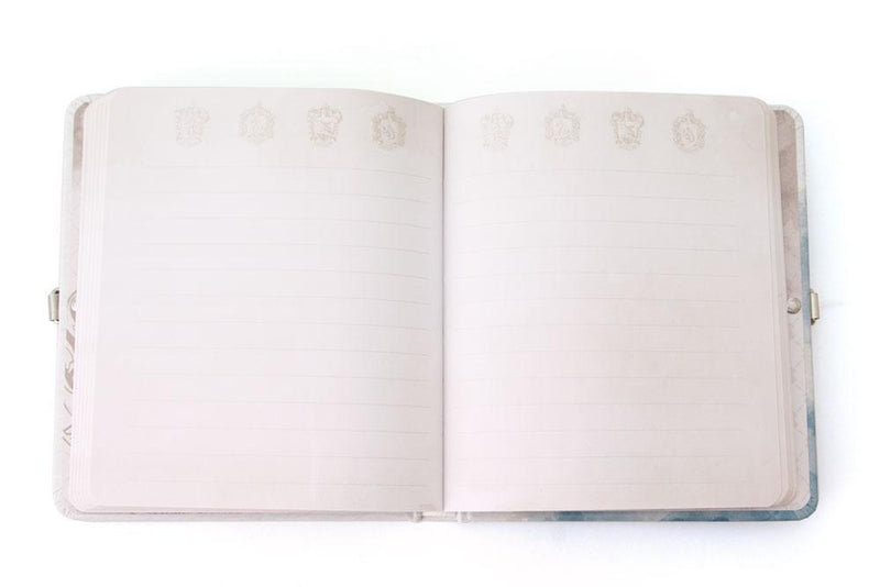 Harry Potter Watercolor Crest locking diary shown open featuring light gray lined pages.