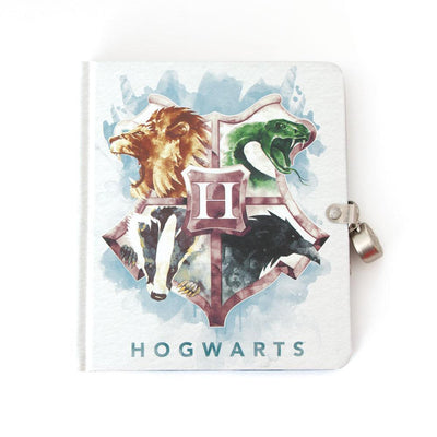 Harry Potter Watercolor Crest locking diary image features the crest with the word HOGWARTS on a white background.