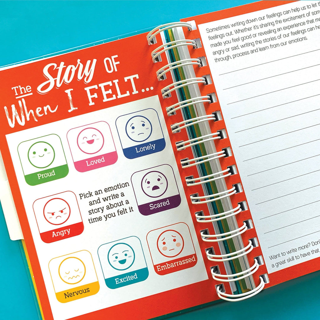 kids journal featuring an open spread of a feelings page, shown on teal background.
