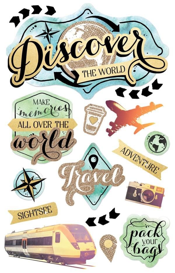 3D scrapbook stickers featuring illustrated World Travel themes shown on a white background. 