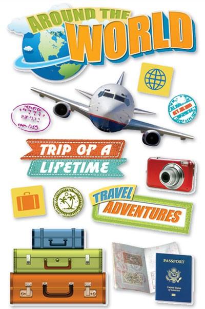 3D scrapbook stickers featuring an airplane, luggage and a passport.