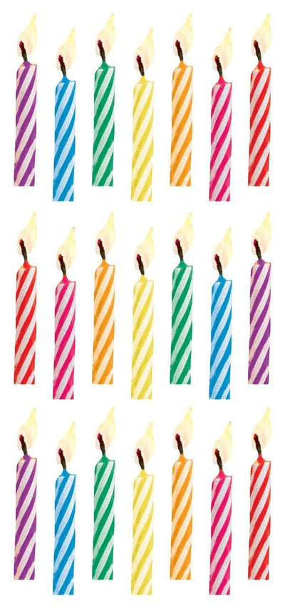 puffy stickers featuring colorful, lit birthday candles.