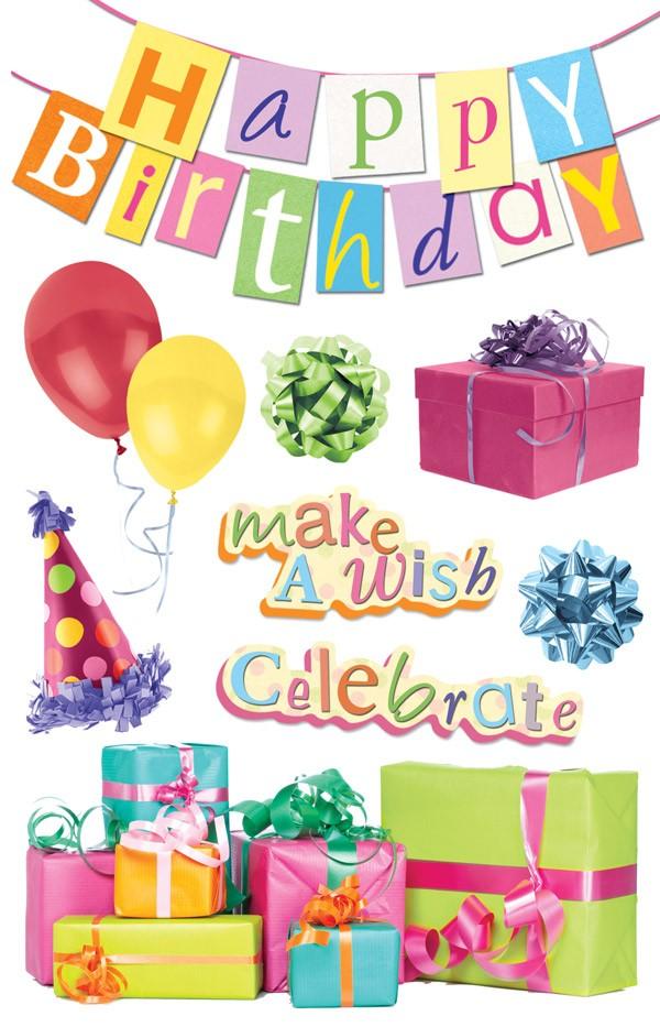 3D scrapbook stickers featuring colorful birthday themed party items