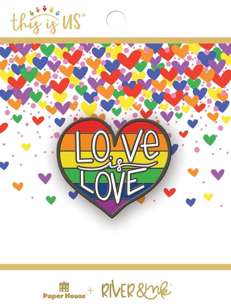 Love is Love enamel pin shown in packaging which features a multicolor rainbow of hearts.