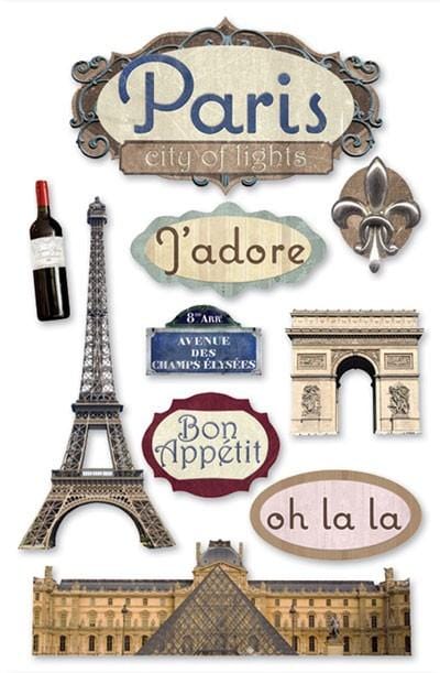 3D scrapbook stickers featuring Paris, the eiffel tower, the louvre and the arc de triomphe.
