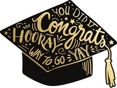 note card featuring a die cut graduation cap with gold lettering, shown on white background.