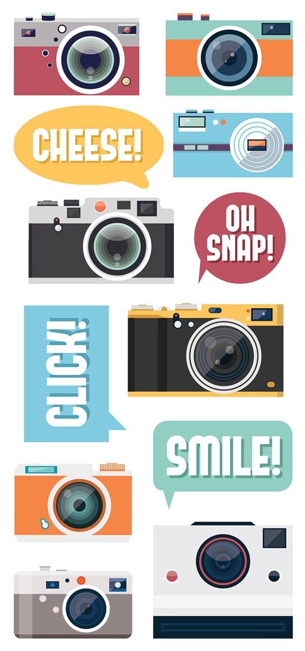 puffy stickers featuring colorful, illustrated cameras.