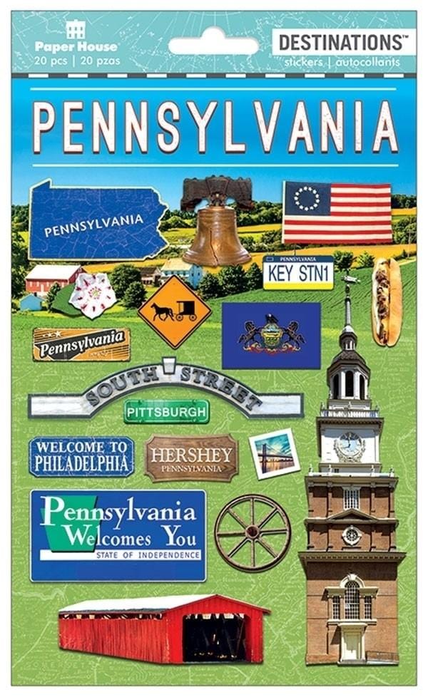 scrapbook stickers featuring photo real LIberty Bell, a covered bridge and state flag shown in package.