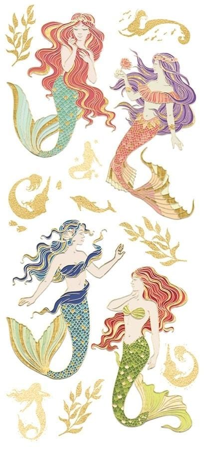 foil stickers featuring colorful, illustrated mermaids with gold details, shown on white background.