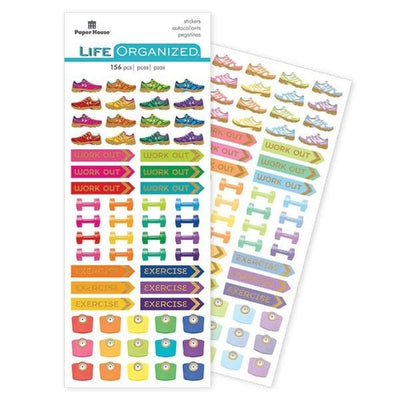planner stickers featuring fitness functional stickers in package overlapping another sheet shown on a white background.