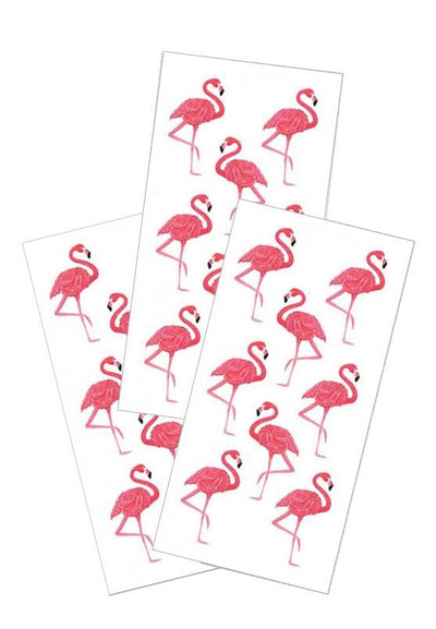 3 sheets of stickers featuring illustrated, pink flamingos shown on white background.
