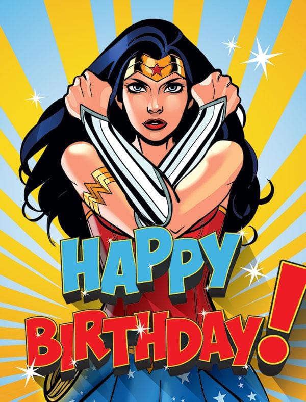 gift enclosure card featuring Wonder Woman on a blue and yellow striped background.