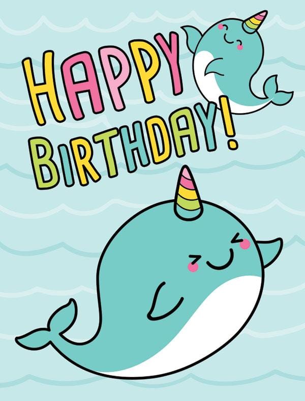 gift enclosure card featuring colorful illustrated narwhals on a light blue background.