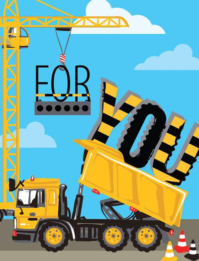 gift enclosure card featuring an illustration of a crane and dump truck on a blue sky background.