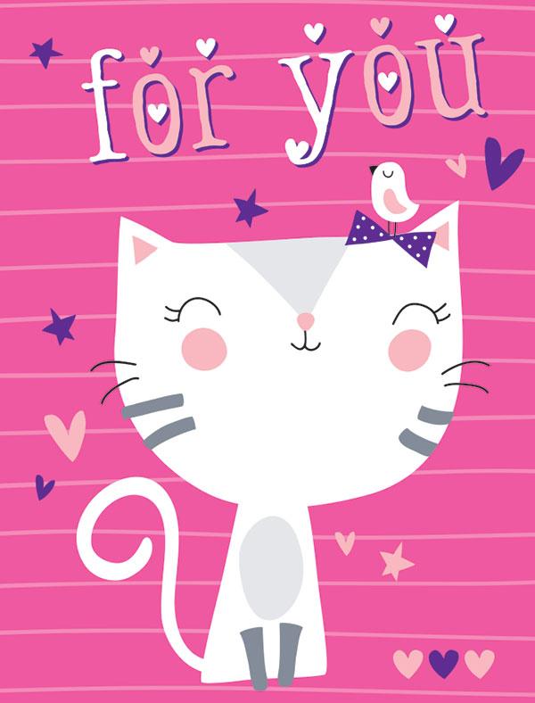 gift enclosure card featuring an illustrated kitten on a pink background with hearts and stars.