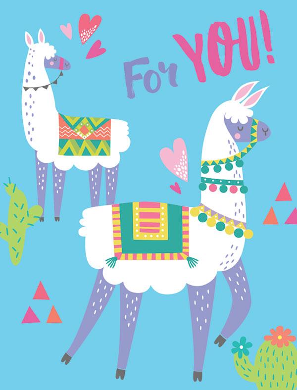 GE-7014E - Llama Mini Card - Colorful illustration of three llamas with decorative blankets and purple legs on a blue background with "For You!" text and pink hearts