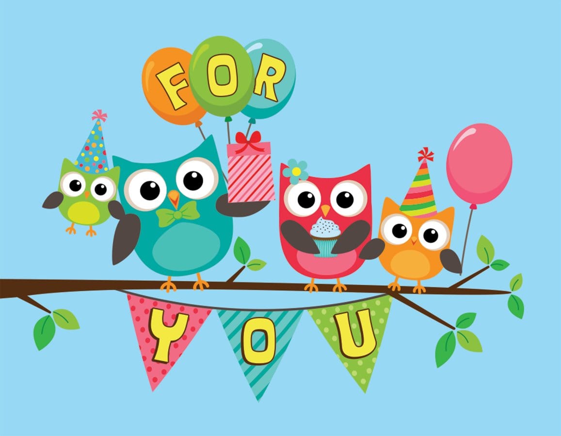 gift enclosure card featuring colorful illustrated owls on a blue background.