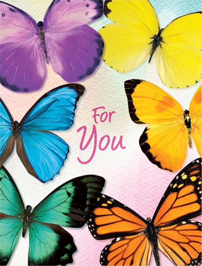 GE-7031E - Photographic Butterfly Mini Card - Colorful butterflies in purple, blue, green, yellow, and orange surrounding pink "For You" text on white background
