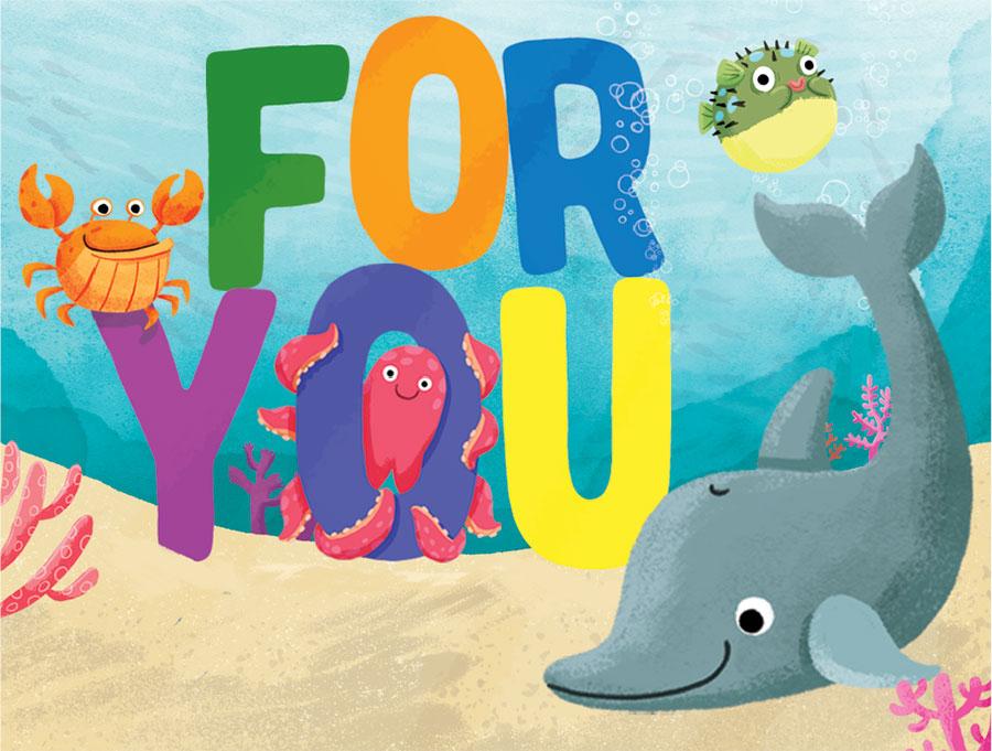 GE-7032E - Under The Sea Mini Card - Colorful "For You" text with illustrated sea creatures including a crab, octopus, pufferfish, whale, and coral on sandy ocean floor background