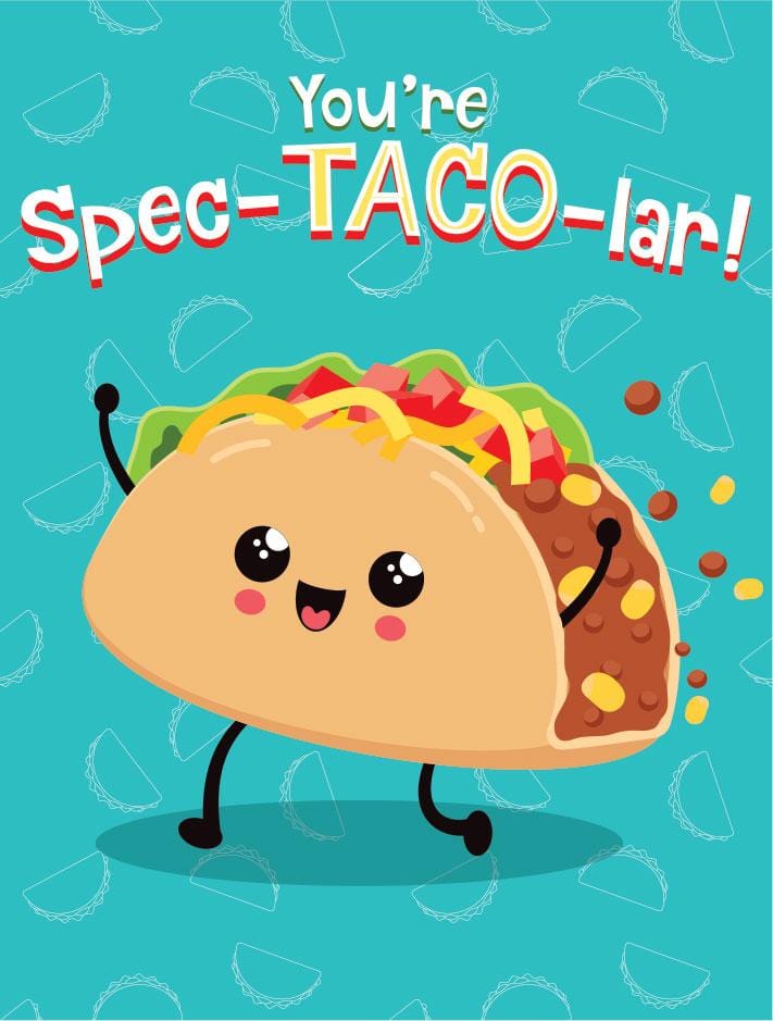 gift enclosure card featuring an illustrated walking taco on a teal background.