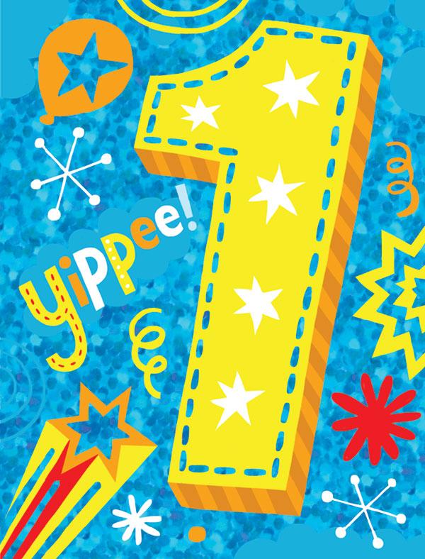 birthday card featuring colorful graphics with age 1 foil details.