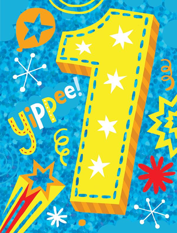 birthday card featuring colorful graphics with age 1 foil details.