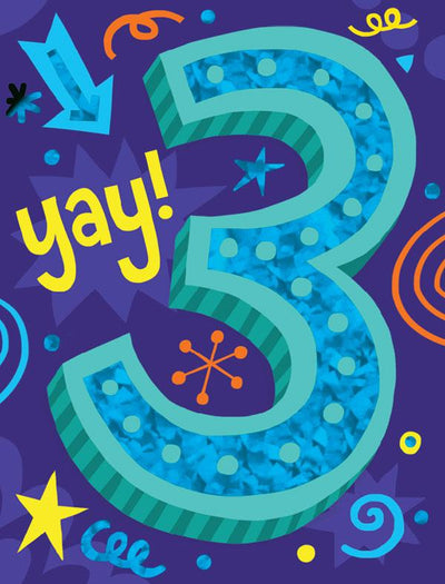 birthday card featuring colorful graphics with age 3 foil details.