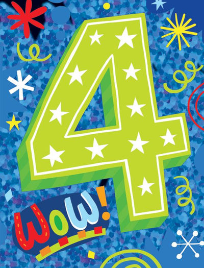 birthday card featuring colorful graphics with age 4 foil details.