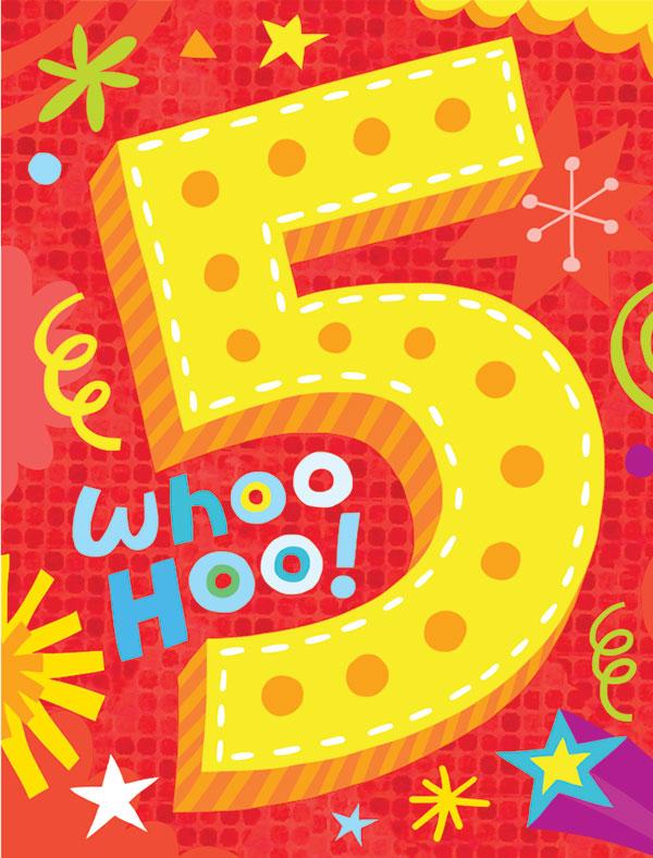 birthday card featuring colorful graphics with age 5 foil details.