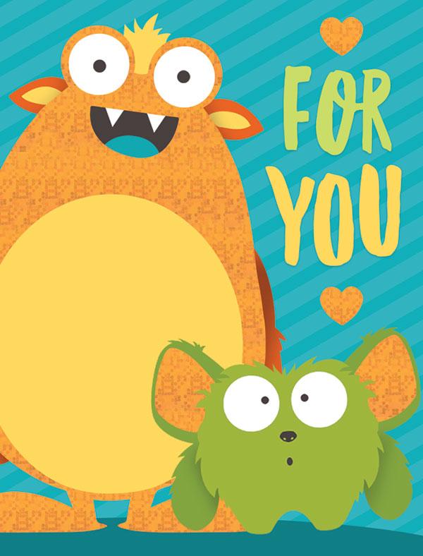 birthday card featuring illustration of brightly colored monsters on teal background.