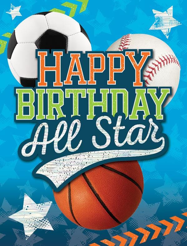birthday card featuring 3 photo real sports balls with foil accents on blue graphic background.