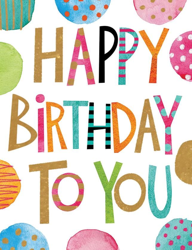 GEF-7014E - Happy Birthday Text Foil Mini Card - Colorful mini card with "Happy Birthday To You" text in patterned letters surrounded by decorative polka-dot circles