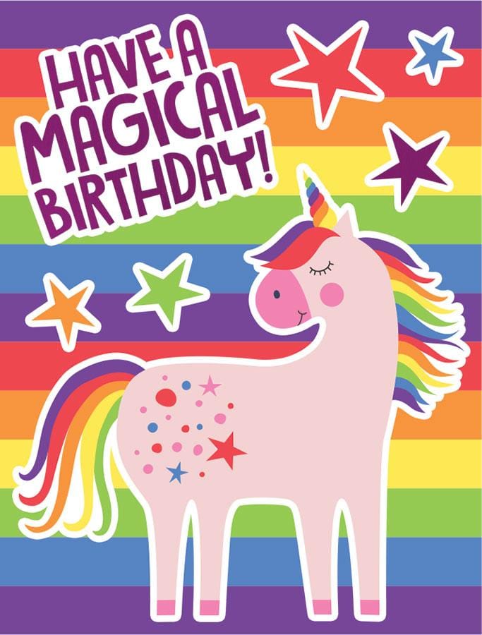 GEF-7021E - Rainbow Unicorn Mini Card - Colorful rainbow-striped greeting card featuring a pink unicorn with rainbow mane, stars, and "Have a Magical Birthday!" text