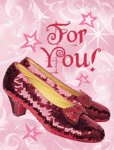 gift enclosure card featuring photo real Ruby Slippers shown on pink patterned background with stars.