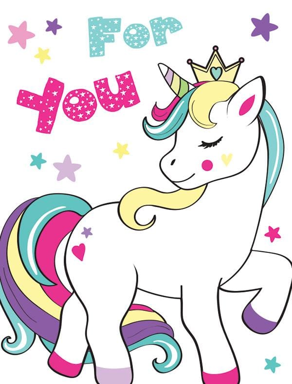 gift enclosure card featuring an illustrated rainbow unicorn on a white background with stars.