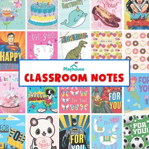 birthday card grab bag featuring a variety of colorful classroom notes.