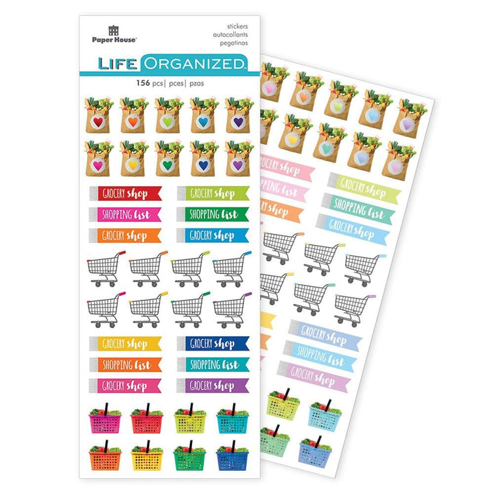planner stickers featuring colorful grocery functional stickers shown in package overlapping another sheet of stickers.