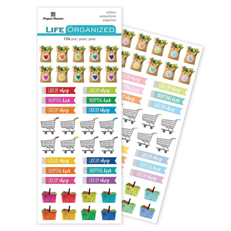 planner stickers featuring colorful grocery functional stickers shown in package overlapping another sheet of stickers.