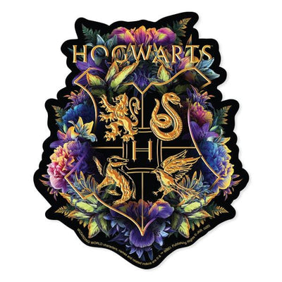 Shaped Harry Potter laptop sticker featuring the Hogwarts crest with floral and black and gold details.