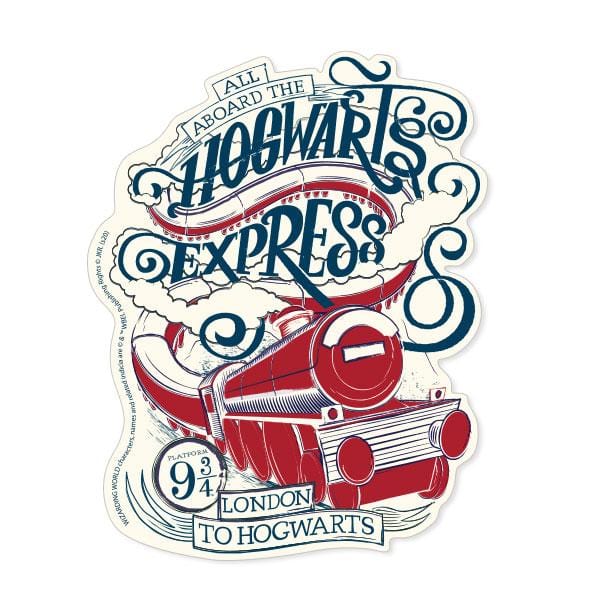 Shaped Harry Potter laptop sticker featuring an illustrated Hogwarts Express graphic in blue and red.