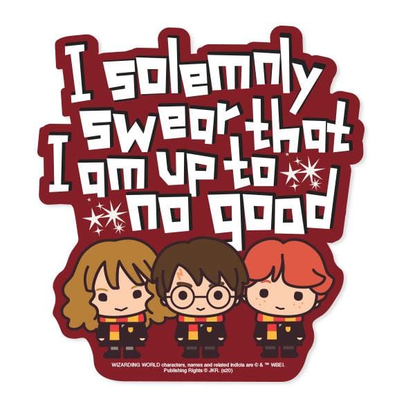 Shaped Harry Potter laptop sticker featuring 3 chibi characters and "I solemnly swear…" sentiment.