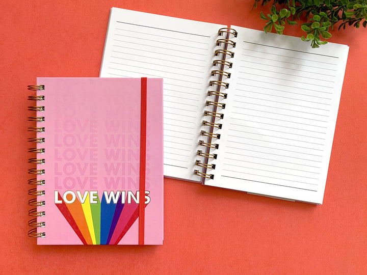 JL-0042E - Spiral Journal Notebook - Love Wins - Pink spiral notebook with rainbow stripe design and "LOVE WINS" text, shown open and closed on coral background